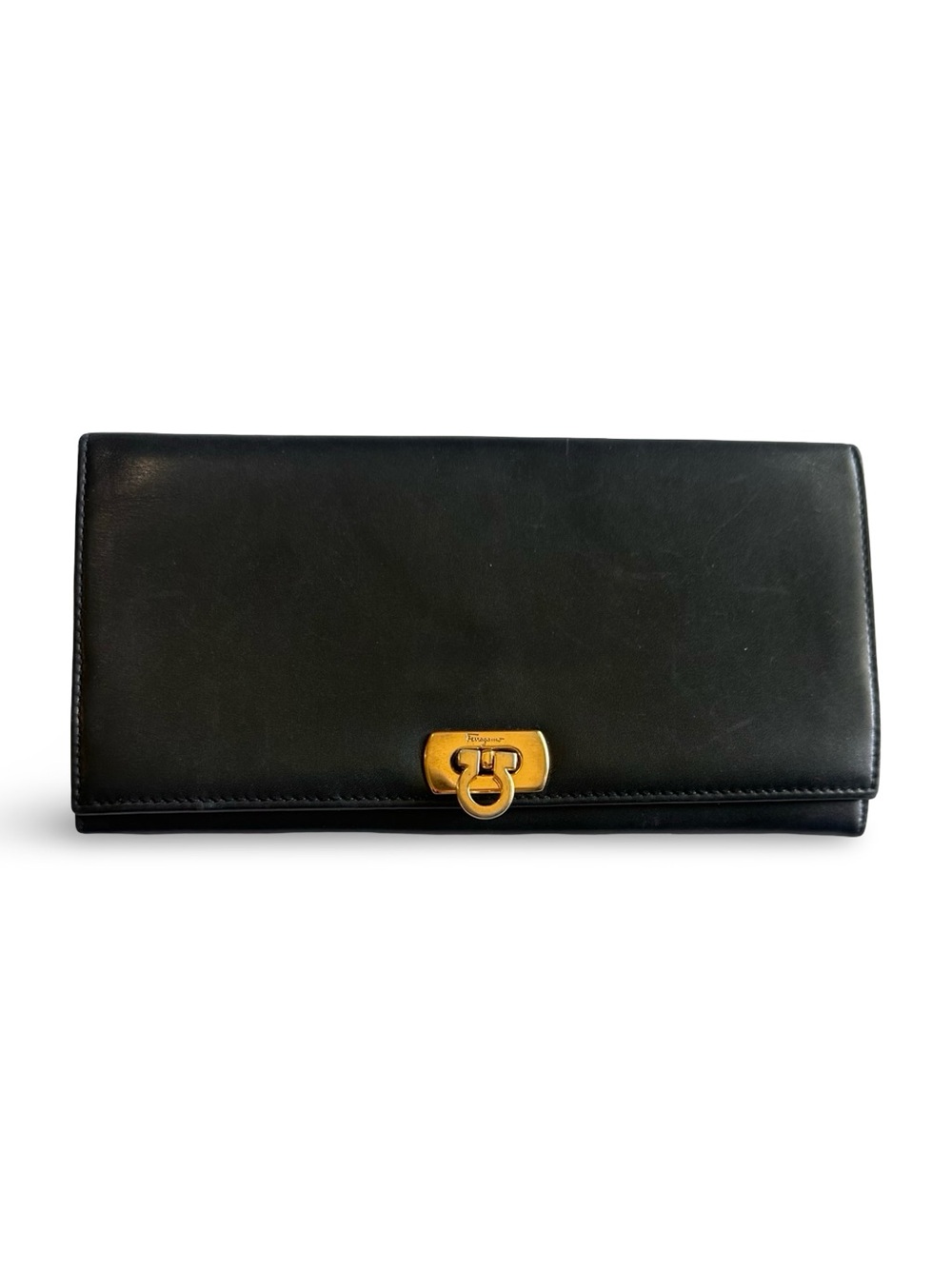 Salvatore Ferragamo Black Leather Continental Wallet with Gold Gancini Hardware